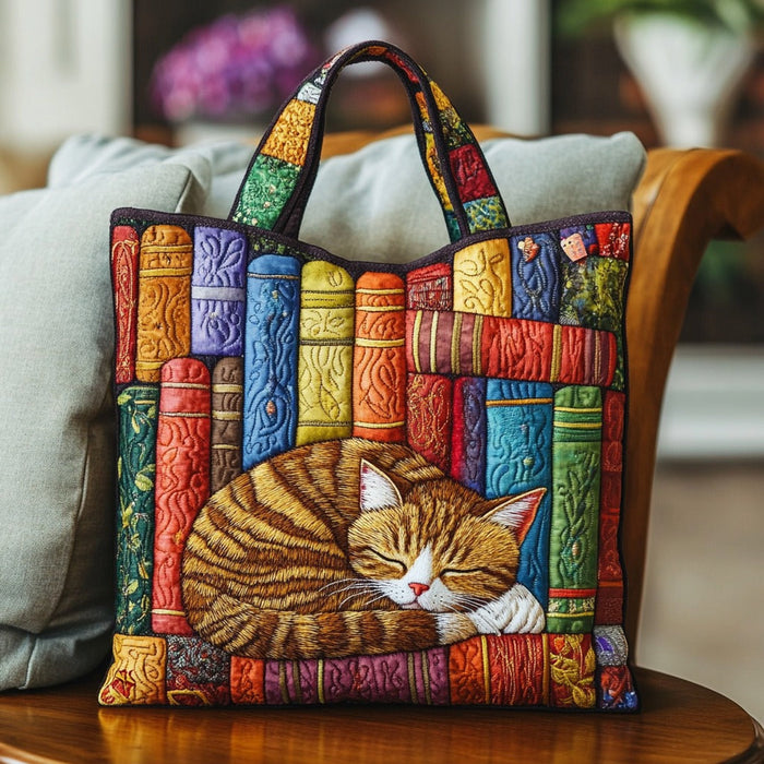 Bolso Tote Acolchado — Gato de Biblioteca Vintage