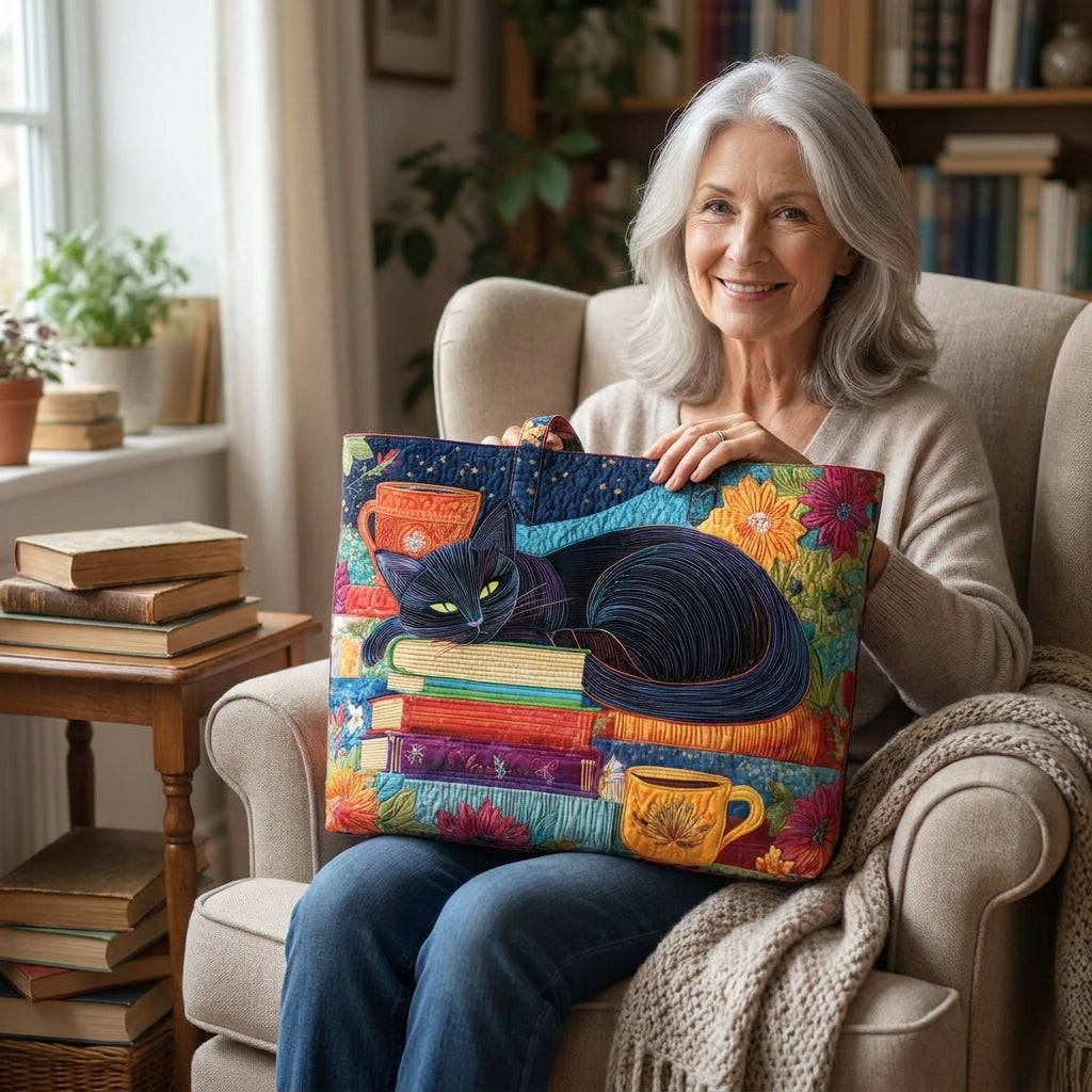 Bolso Artesanal — Gato Negro con Libros y Tazas: en contexto