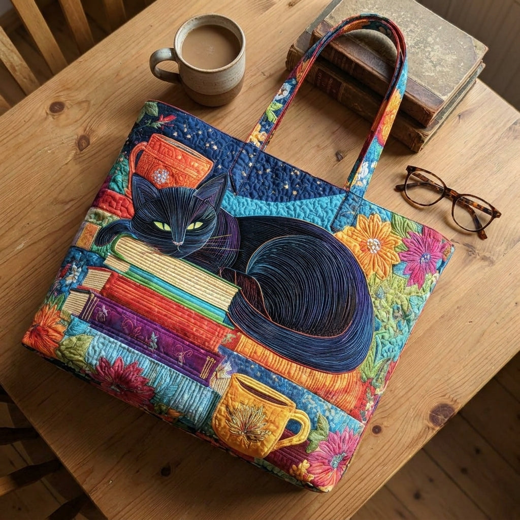 Bolso Artesanal — Gato Negro con Libros y Tazas: combinado