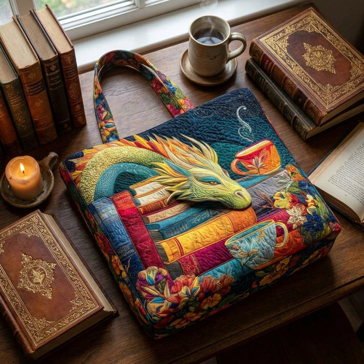 Bolso Artesanal — Dragón Lector con Libros y Tazas: combinado