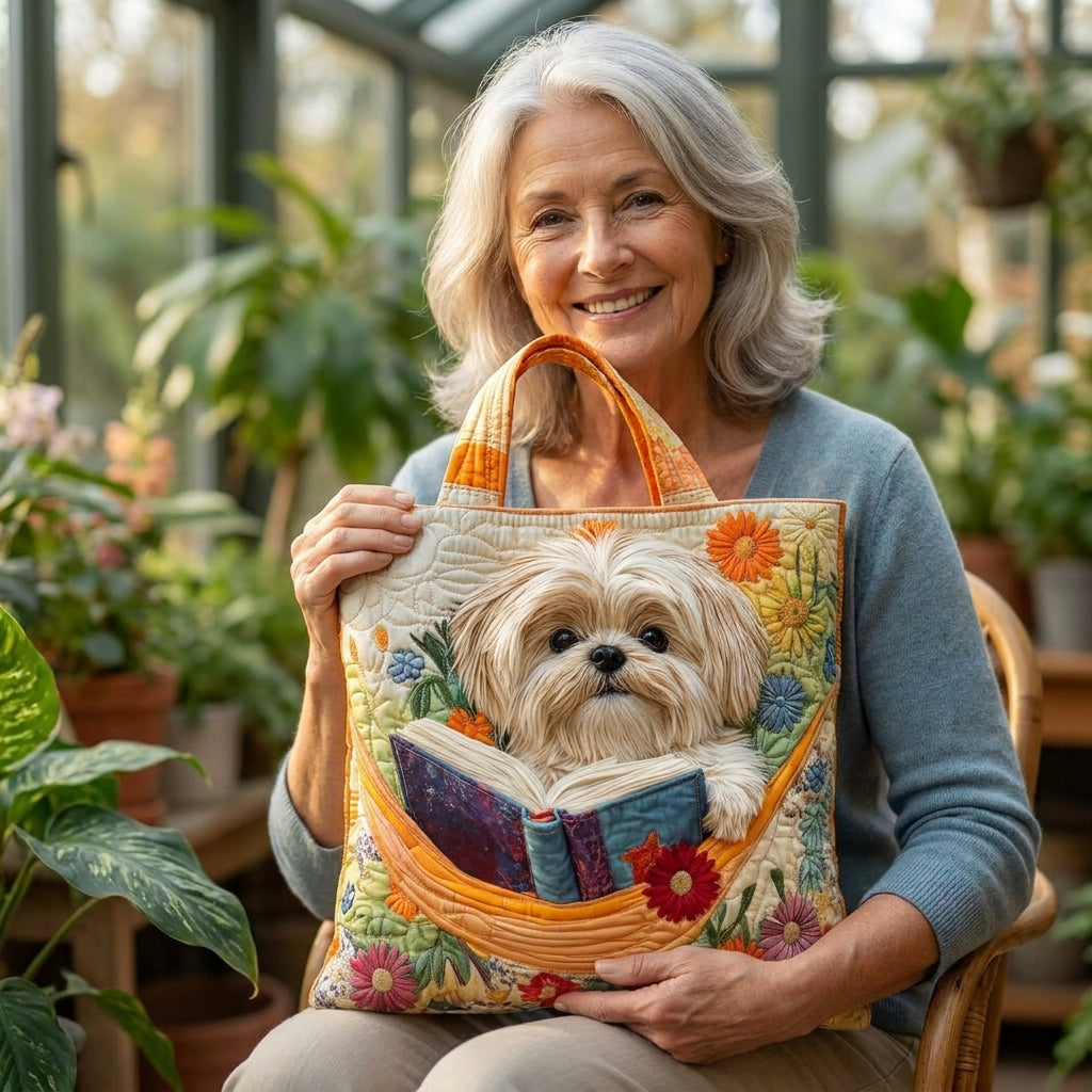 Bolso Artesanal — Shih Tzu con Libros y Flores: en contexto