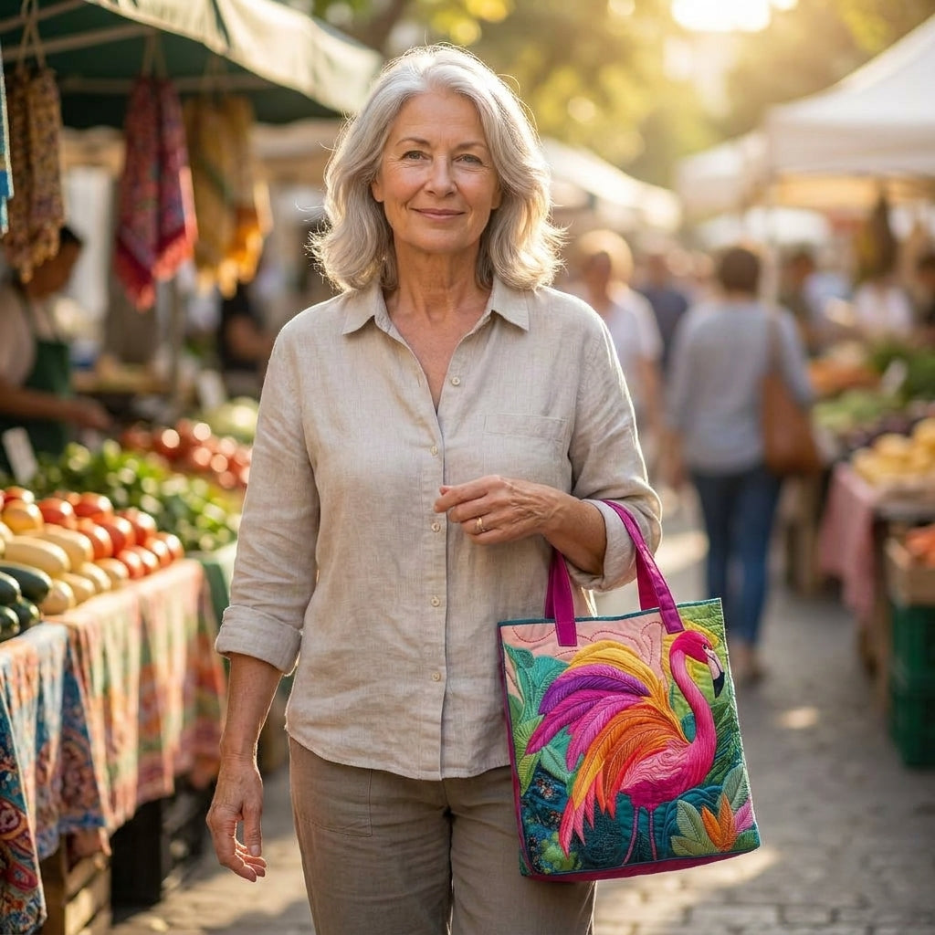 Bolso Tote Acolchado — Flamenco Arcoíris: en contexto