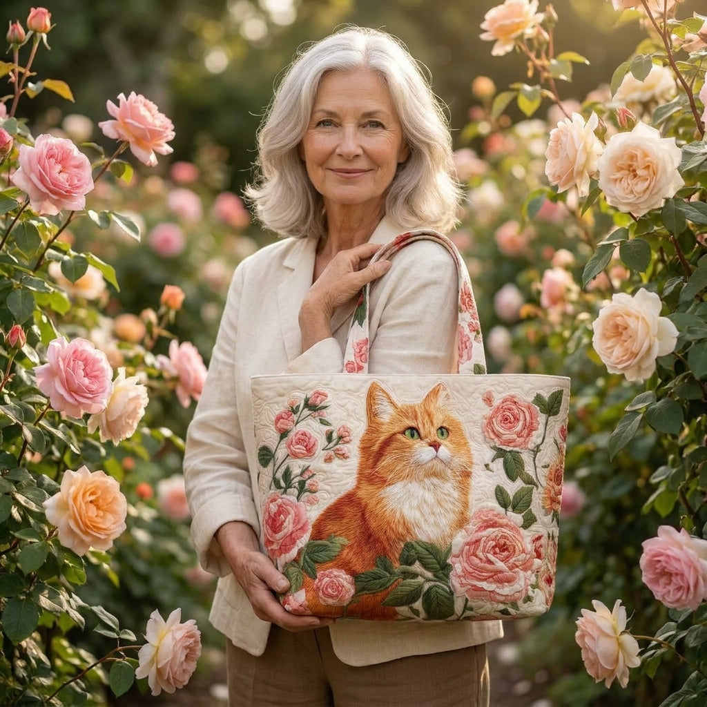 Bolso Artesanal — Gato Naranja con Rosas: en contexto