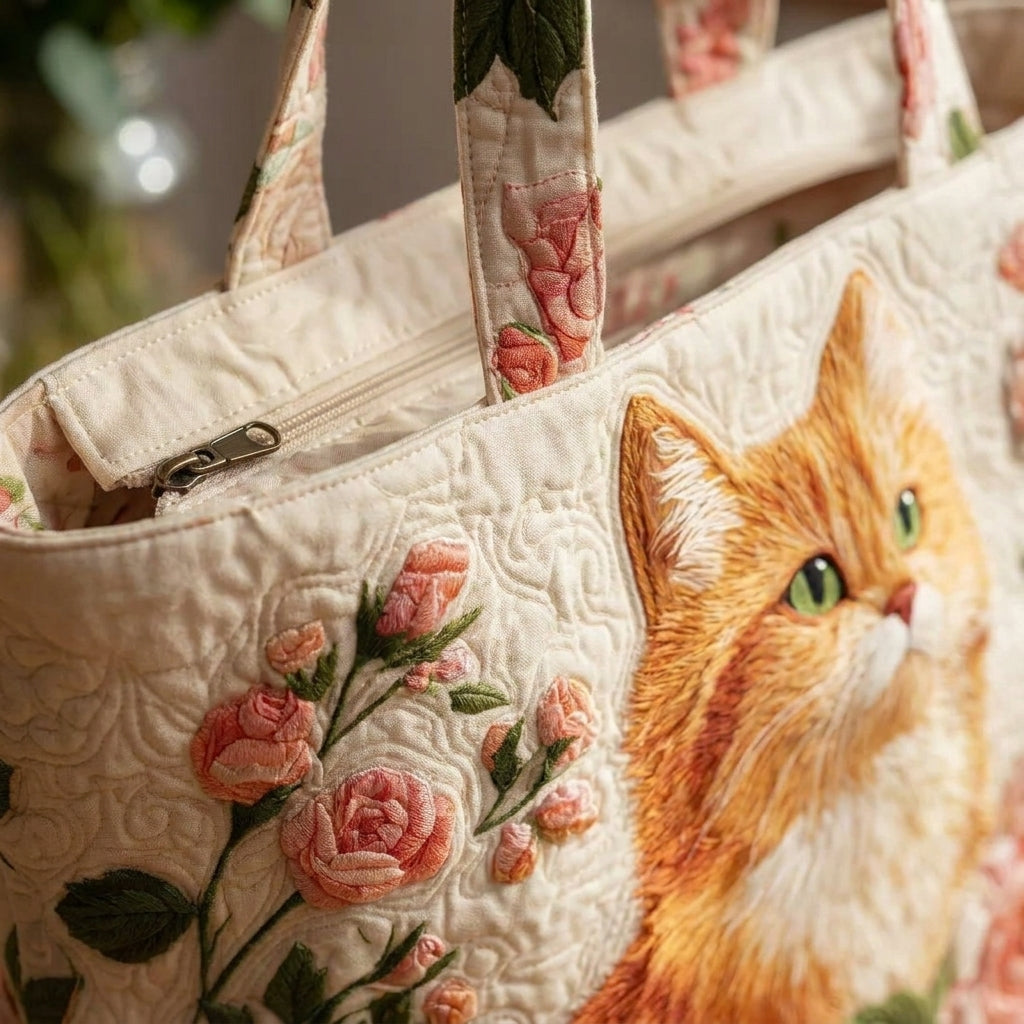 Bolso Artesanal — Gato Naranja con Rosas: detalle