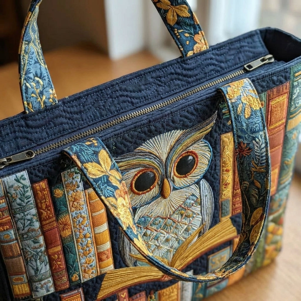 Bolso Tote Artesanal — Búho y Libros Antiguos: detalle