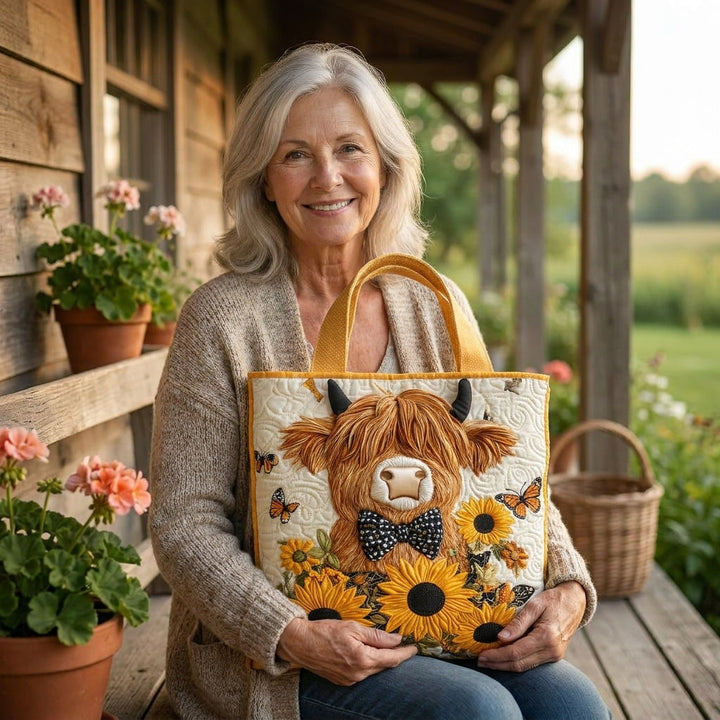 Bolso Acolchado — Vaca Highland con Girasoles: en contexto
