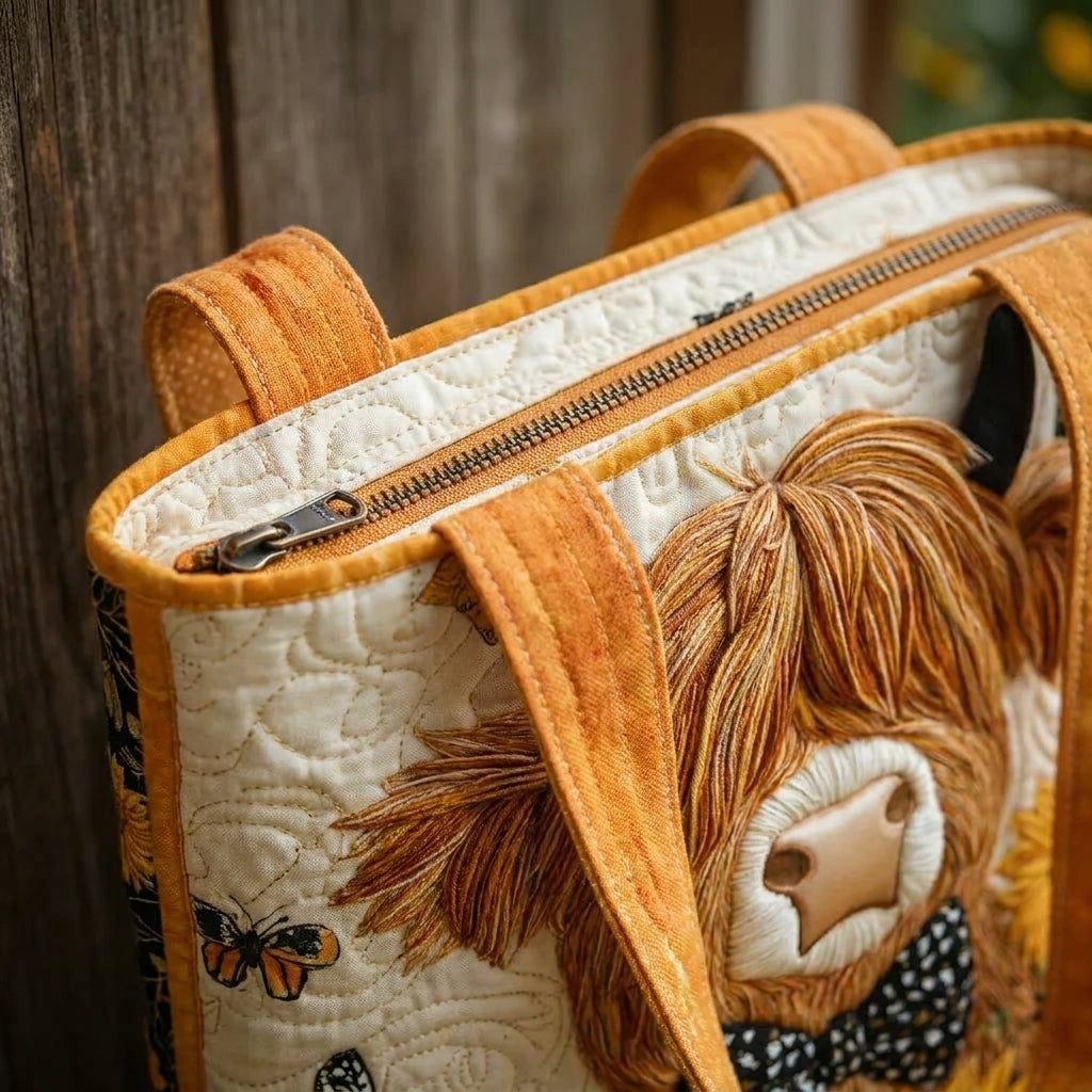 Bolso Acolchado — Vaca Highland con Girasoles: detalle