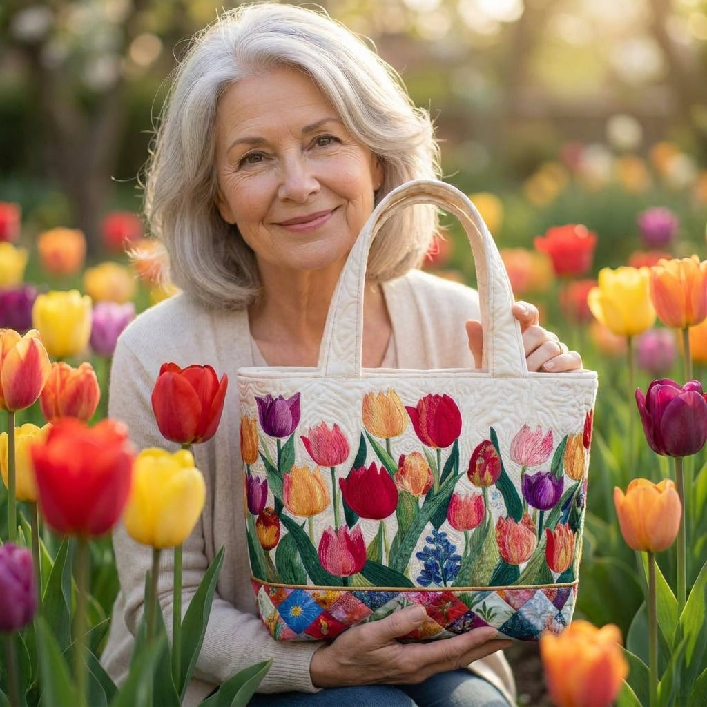 Bolso Tote Acolchado — Jardín de Tulipanes: en contexto