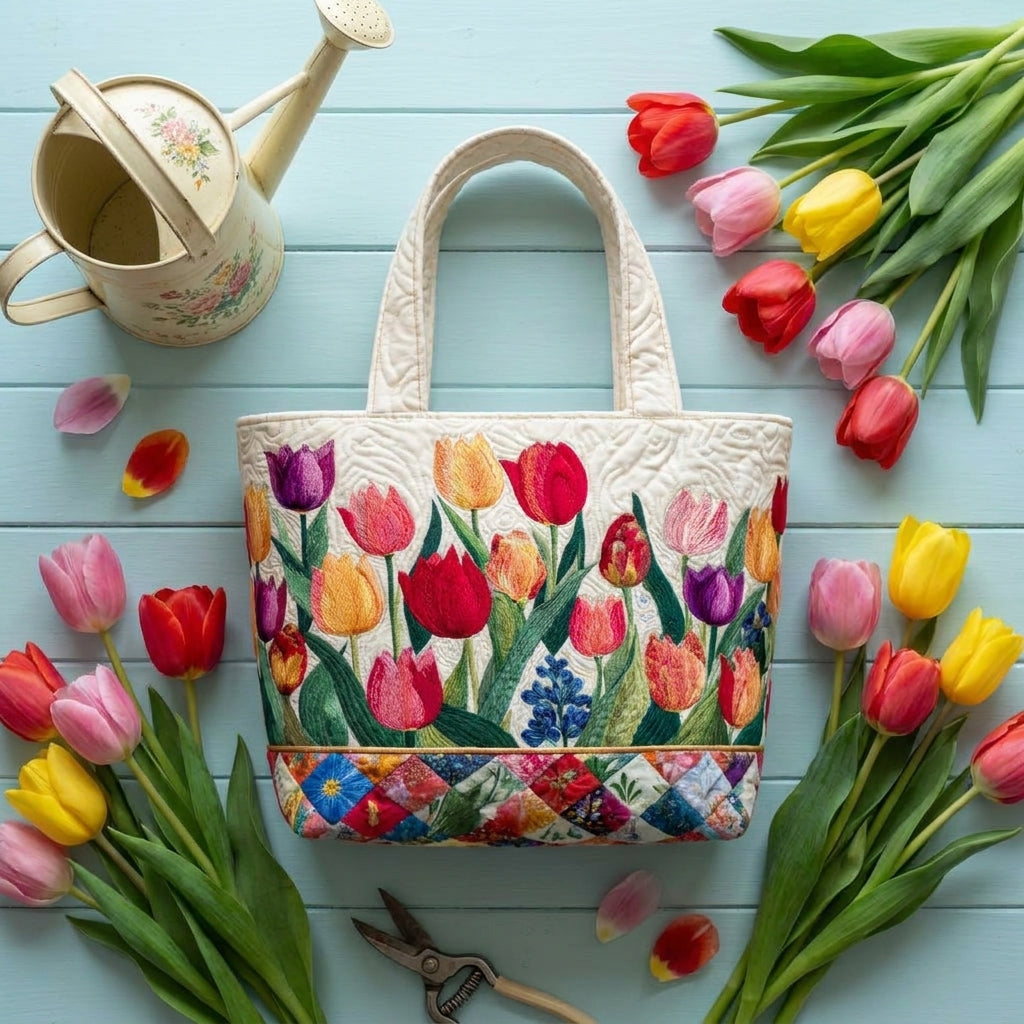 Bolso Tote Acolchado — Jardín de Tulipanes: combinado