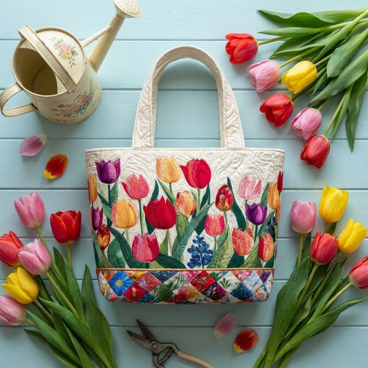 Bolso Tote Acolchado — Jardín de Tulipanes: combinado