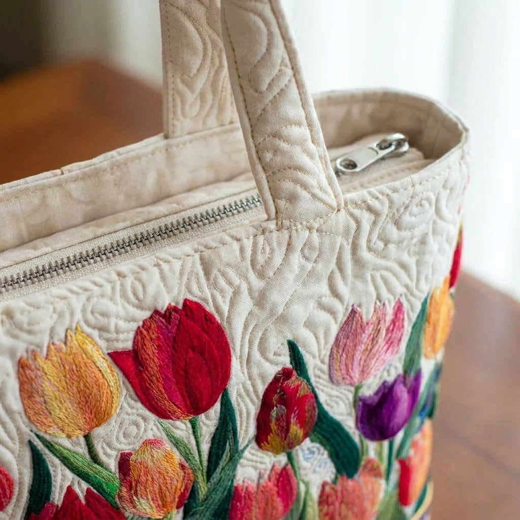 Bolso Tote Acolchado — Jardín de Tulipanes: detalle