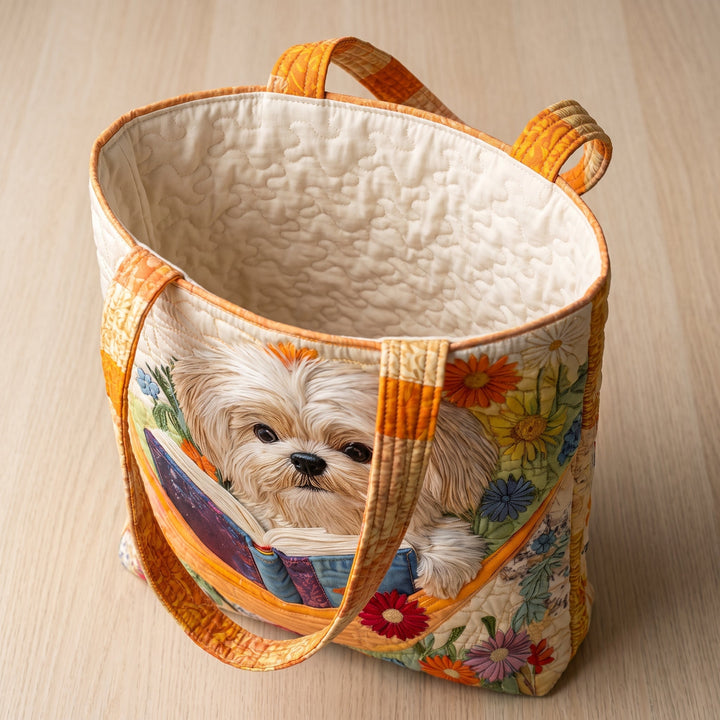 Bolso Artesanal — Shih Tzu con Libros y Flores: abierto, mostrando el forro acolchado en crema liso