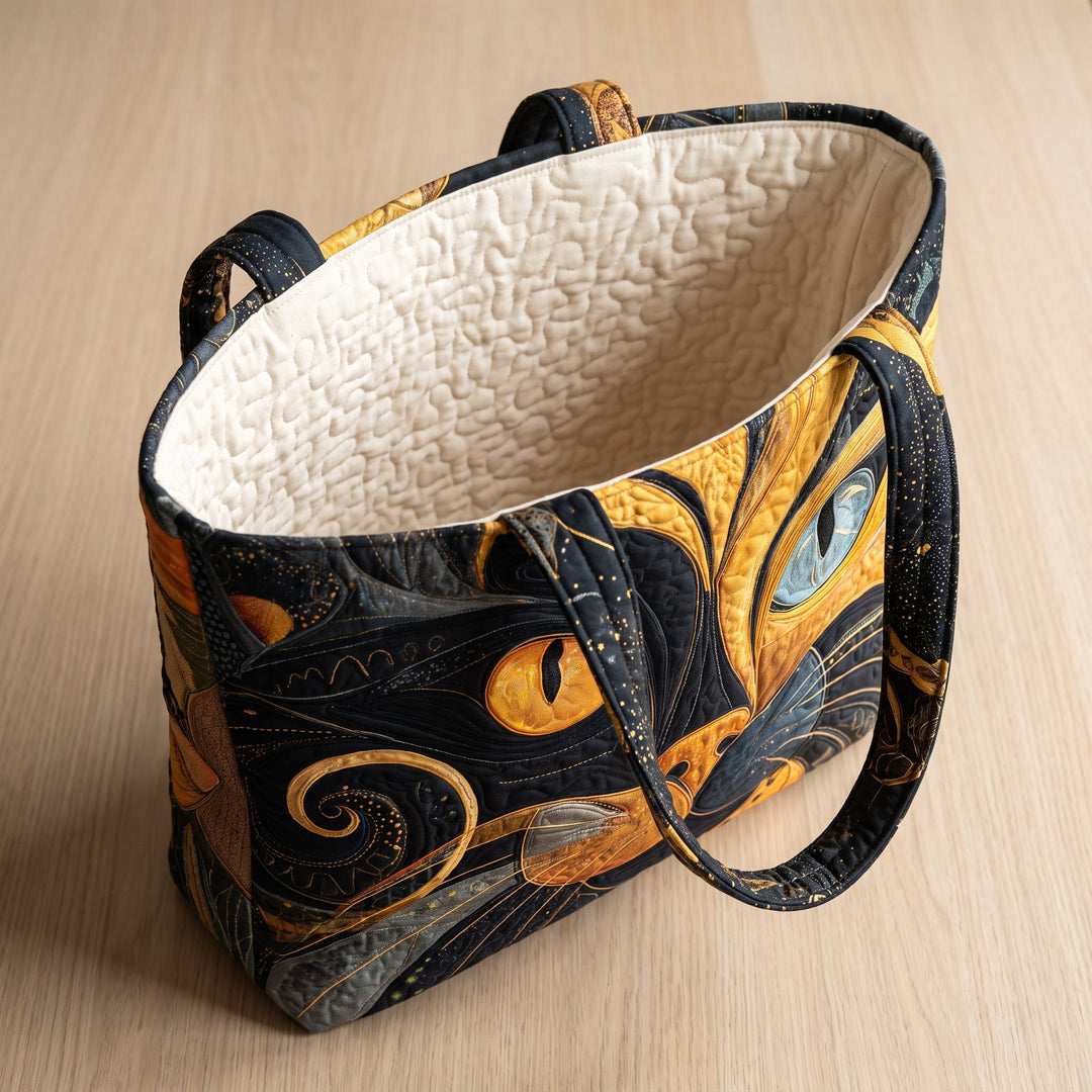 Bolso Artesanal — Gato Místico: abierto, mostrando el forro acolchado en crema liso