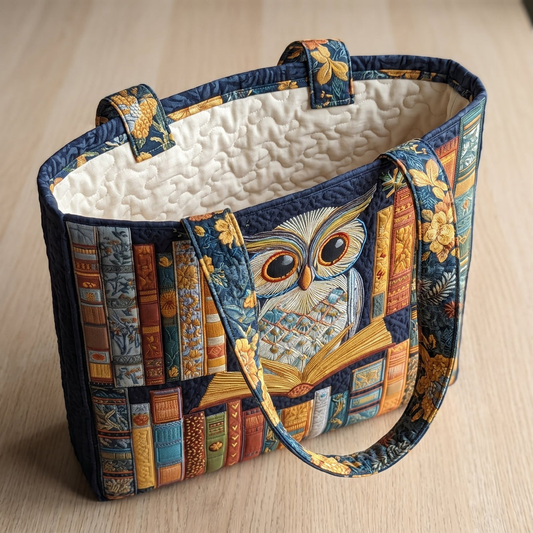 Bolso Tote Artesanal — Búho y Libros Antiguos: abierto, mostrando el forro acolchado en crema liso