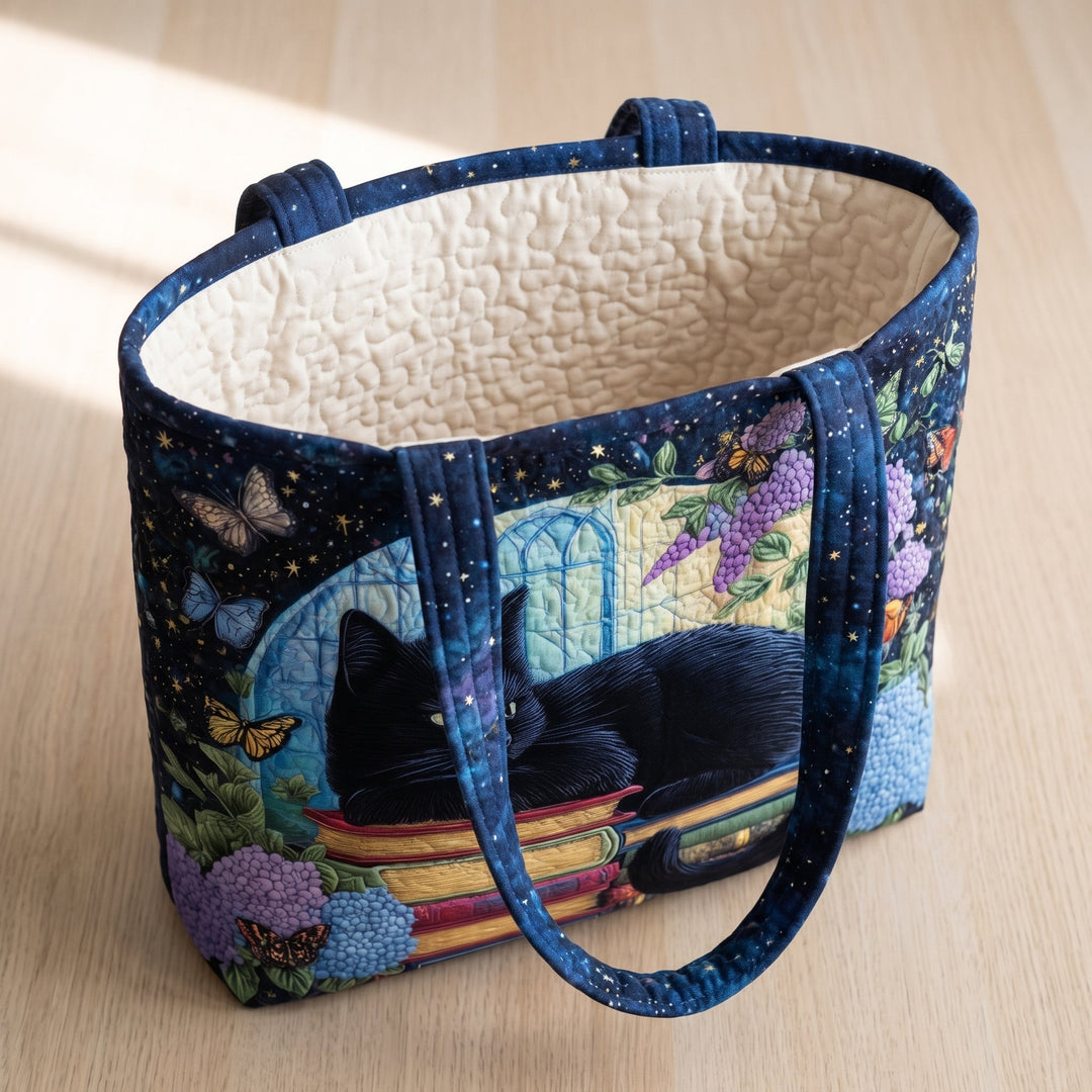 Bolso Artesanal — Gato Negro sobre Libros: abierto, mostrando el forro acolchado en crema liso