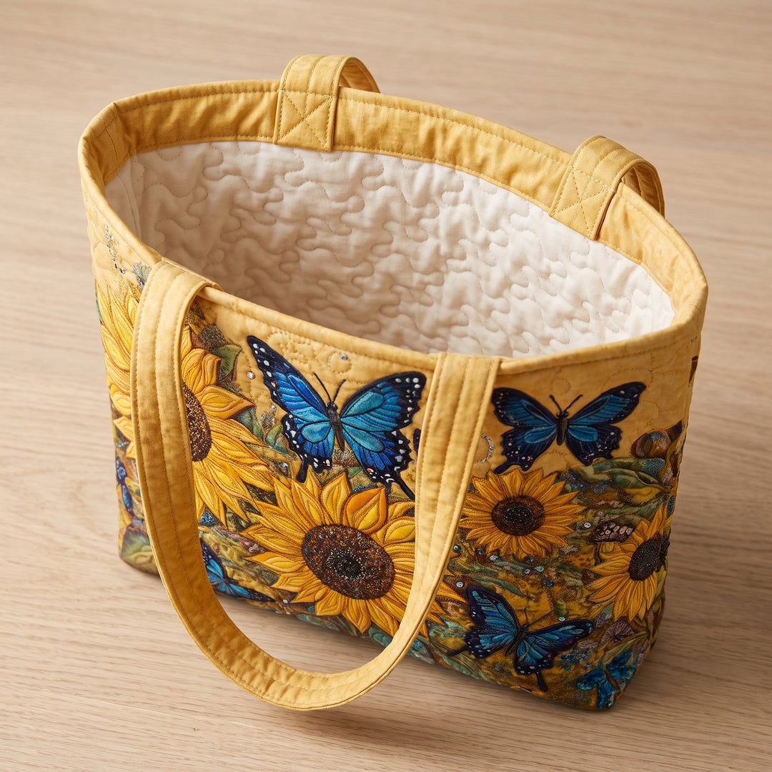Bolso Artesanal — Girasoles y Mariposas Azules: abierto, mostrando el forro acolchado en crema liso