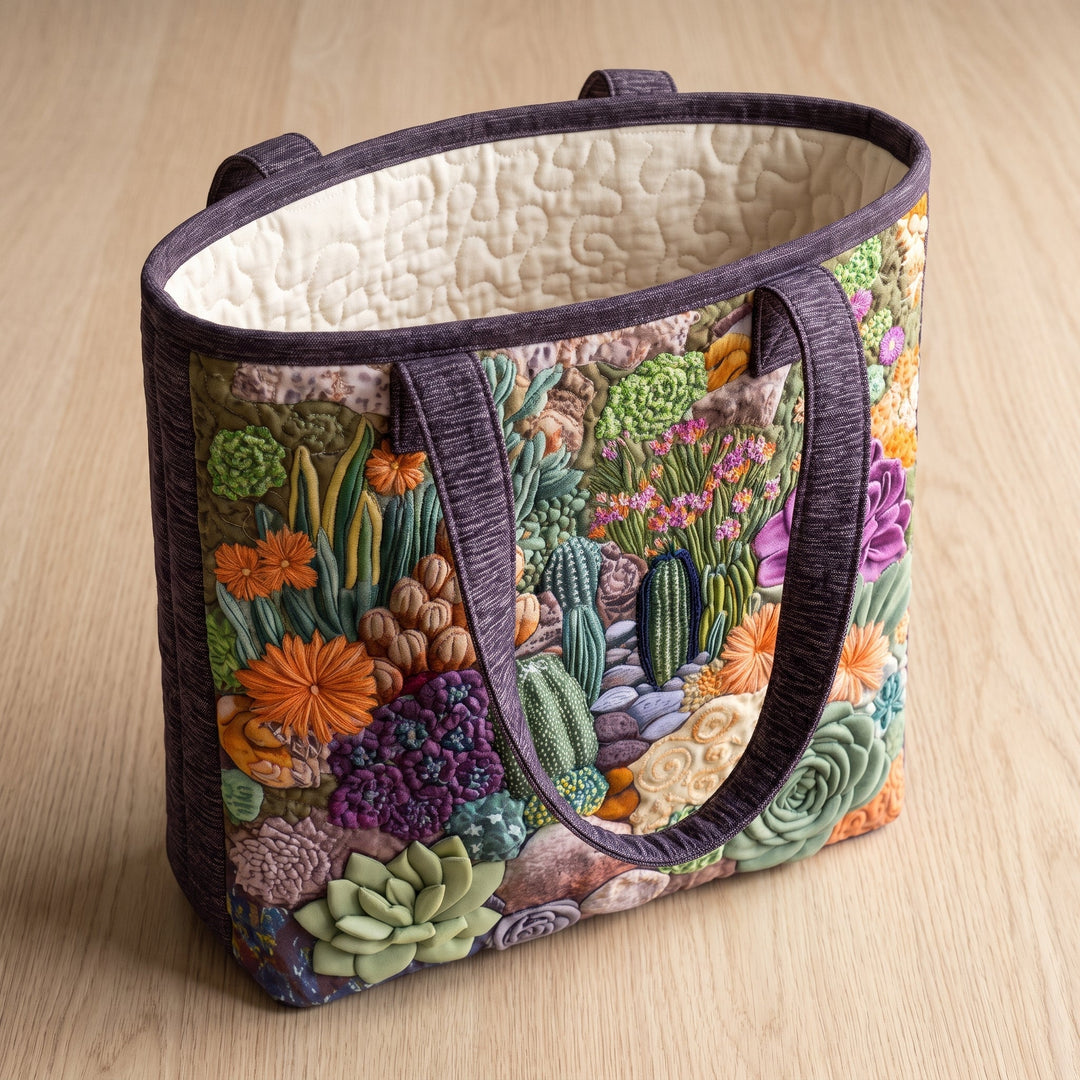 Bolso Tote Artesanal — Jardín de Suculentas: abierto, mostrando el forro acolchado en crema liso