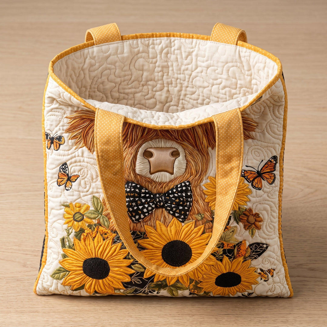 Bolso Acolchado — Vaca Highland con Girasoles: abierto, mostrando el forro acolchado en crema liso