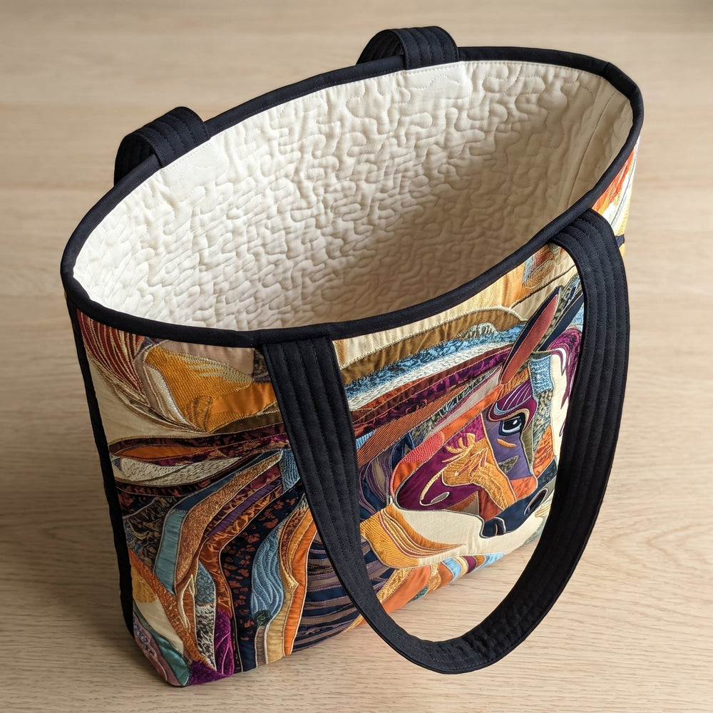 Bolso Artesanal — Caballo de Mosaico Multicolor: abierto, mostrando el forro acolchado en crema liso