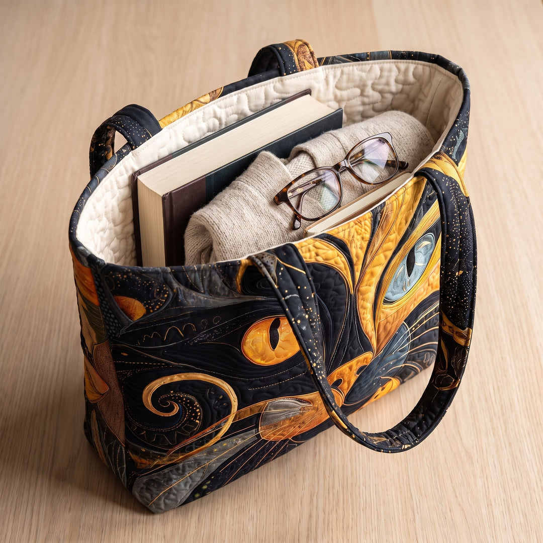 Bolso Artesanal — Gato Místico: con un libro de tapa dura, un suéter doblado y lentes de lectura