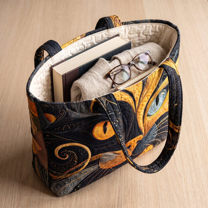 Bolso Artesanal — Gato Místico: con un libro de tapa dura, un suéter doblado y lentes de lectura
