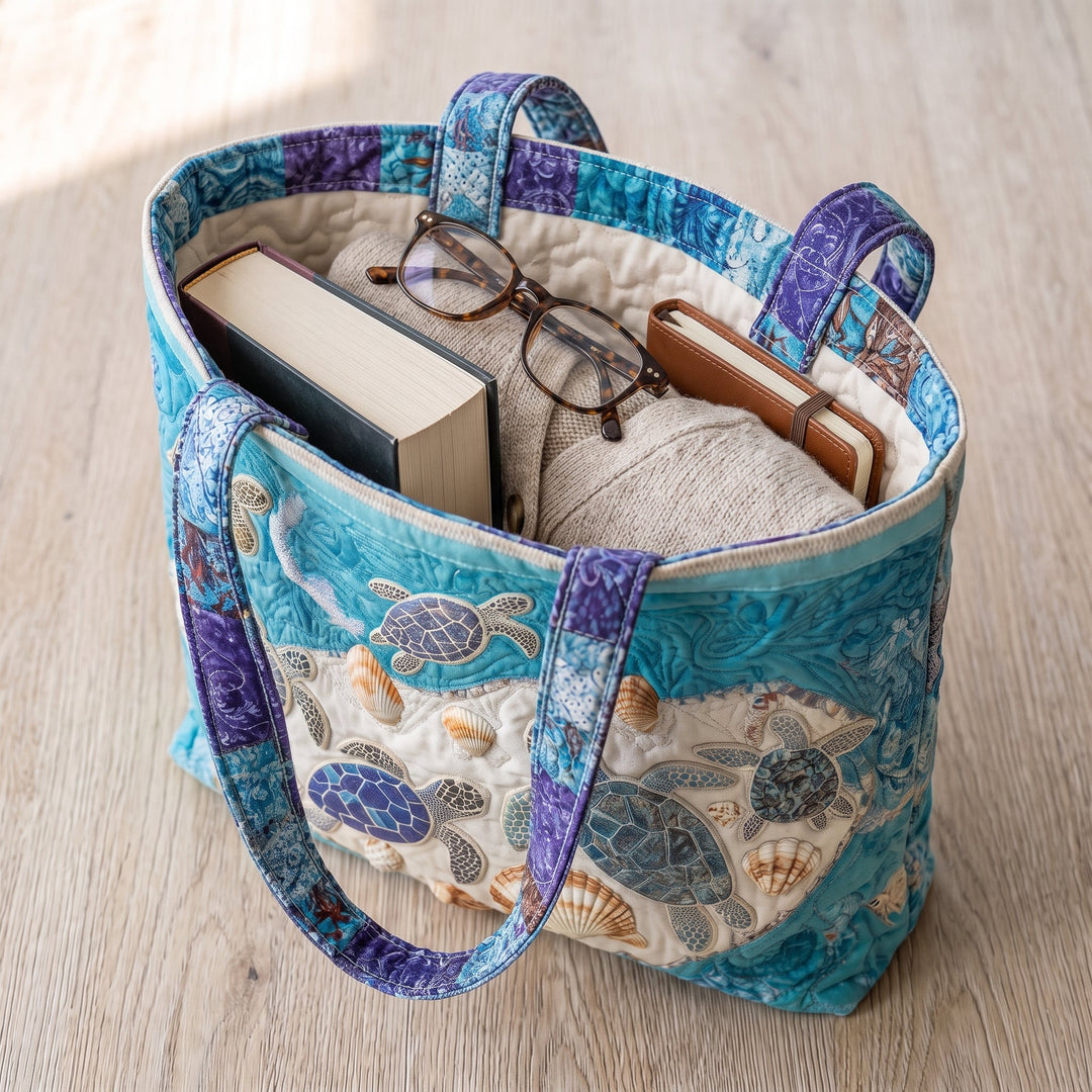 Bolso Artesanal — Amor de Tortugas: con un libro de tapa dura, un suéter doblado y lentes de lectura