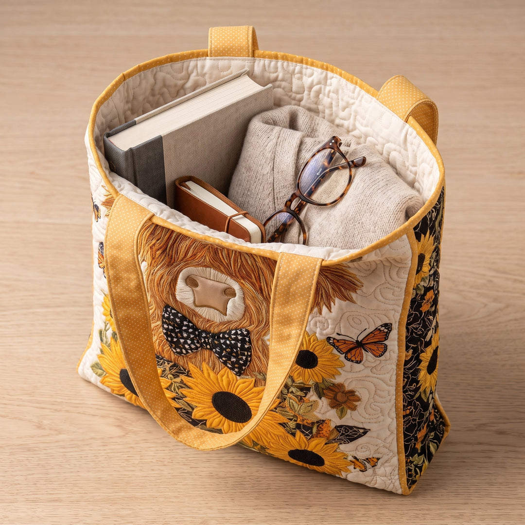 Bolso Acolchado — Vaca Highland con Girasoles: con un libro de tapa dura, un suéter doblado y lentes de lectura