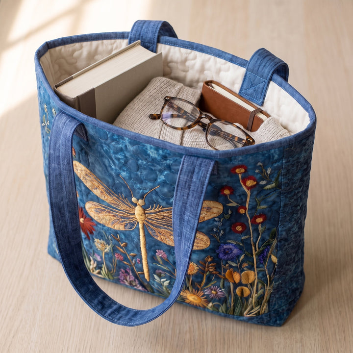 Bolso Acolchado — Libélula Dorada: con un libro de tapa dura, un suéter doblado y lentes de lectura