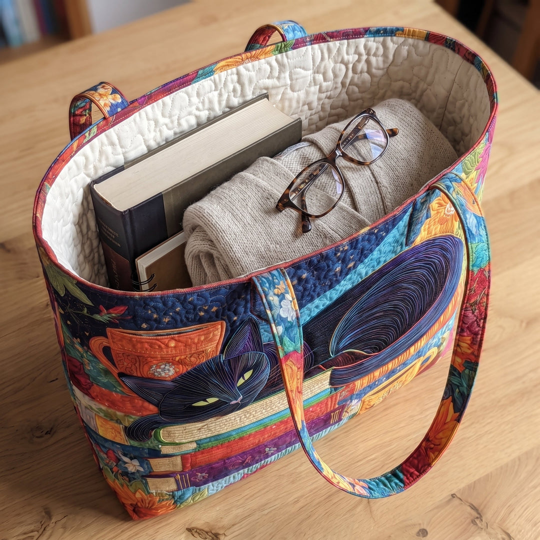 Bolso Artesanal — Gato Negro con Libros y Tazas: con un libro de tapa dura, un suéter doblado y lentes de lectura