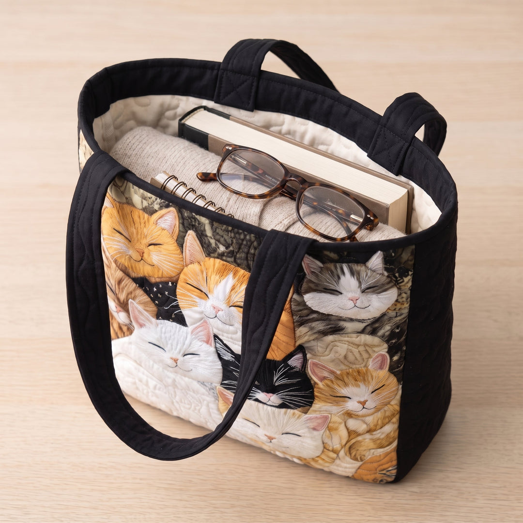 Bolso Artesanal Acolchado — Gatitos Dormidos: con un libro de tapa dura, un suéter doblado y lentes de lectura