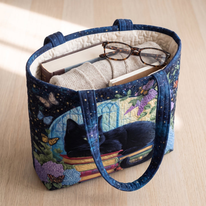 Bolso Artesanal — Gato Negro sobre Libros: con un libro de tapa dura, un suéter doblado y lentes de lectura