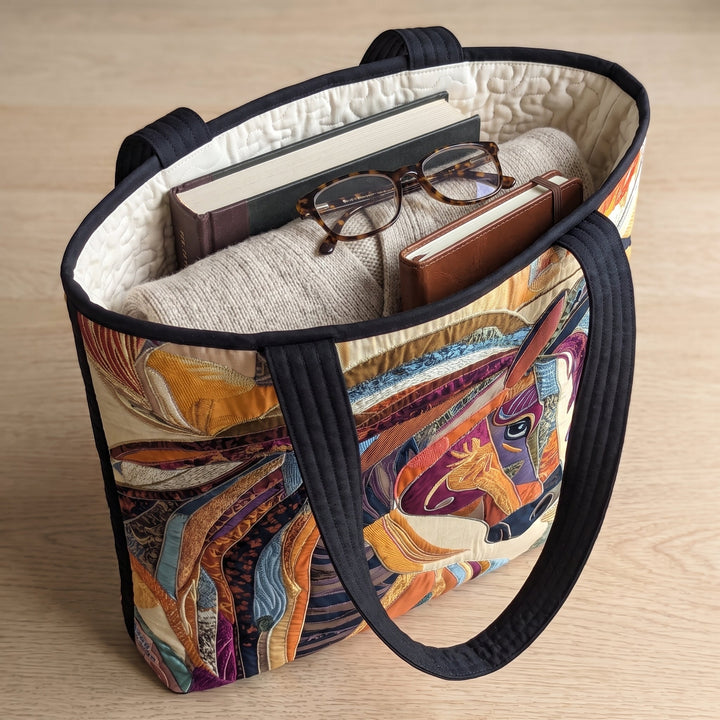 Bolso Artesanal — Caballo de Mosaico Multicolor: con un libro de tapa dura, un suéter doblado y lentes de lectura