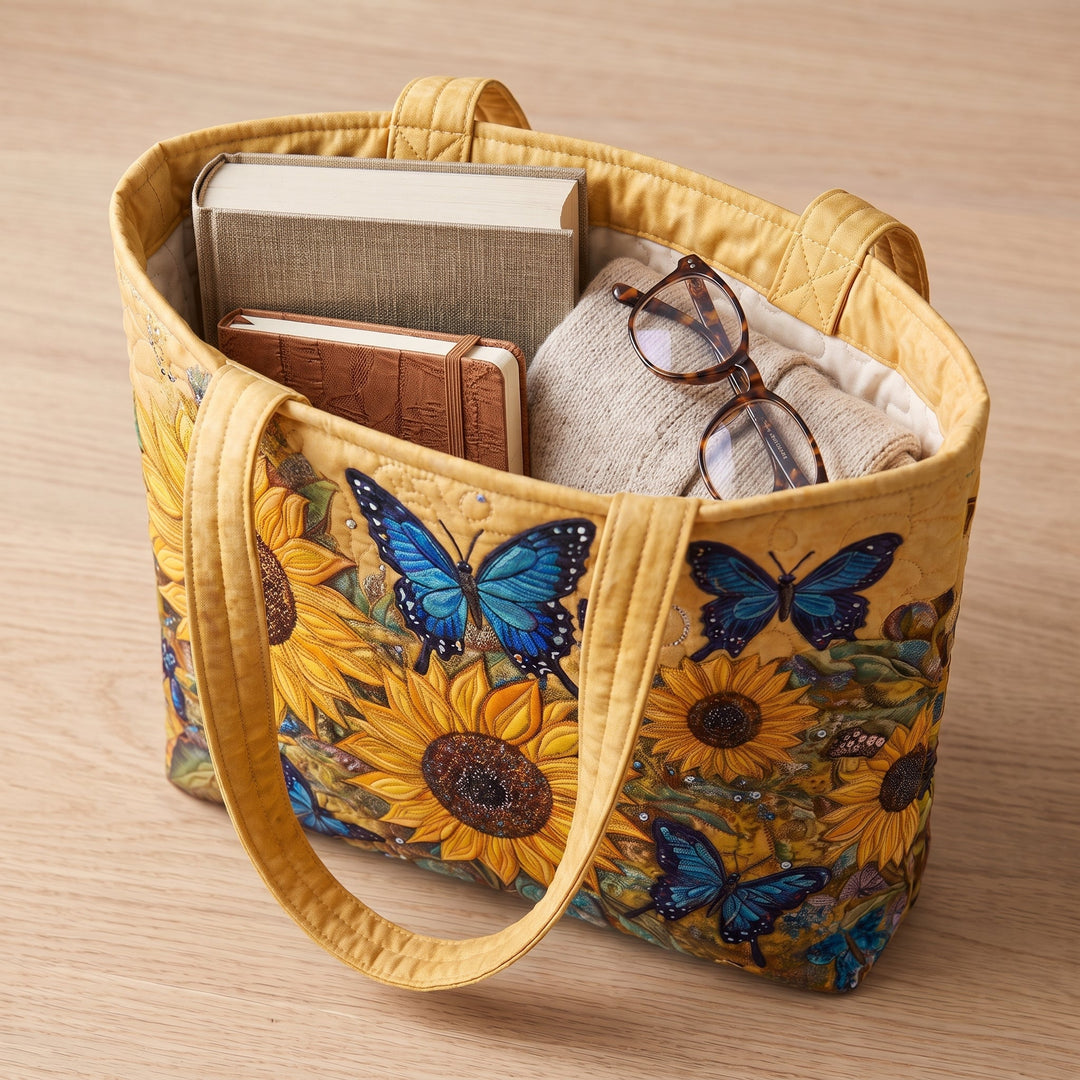 Bolso Artesanal — Girasoles y Mariposas Azules: con un libro de tapa dura, un suéter doblado y lentes de lectura