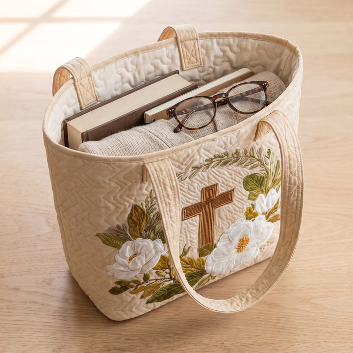 Bolso Artesanal — Cruz Sagrada: con un libro de tapa dura, un suéter doblado y lentes de lectura