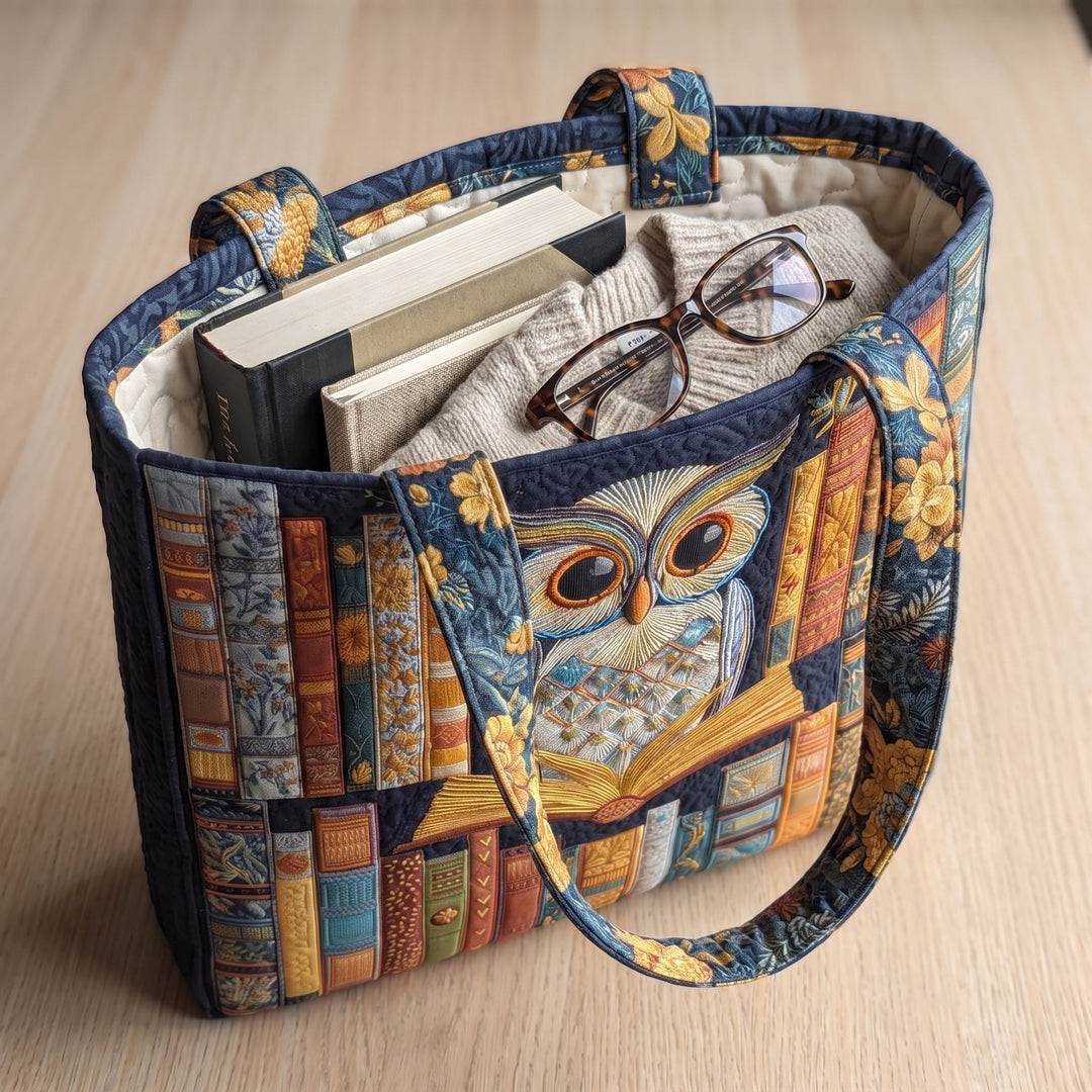 Bolso Tote Artesanal — Búho y Libros Antiguos: con un libro de tapa dura, un suéter doblado y lentes de lectura