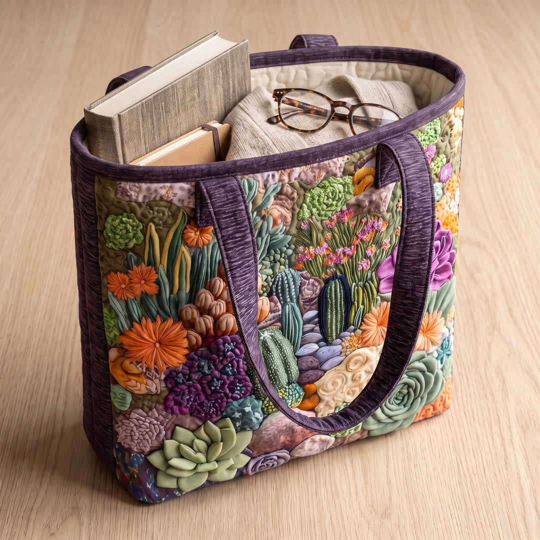 Bolso Tote Artesanal — Jardín de Suculentas: con un libro de tapa dura, un suéter doblado y lentes de lectura