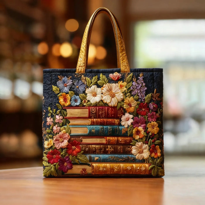 Bolso Tote Artesanal — Estampado Floral y Libros