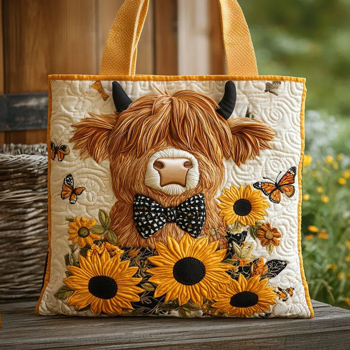 Bolso Acolchado — Vaca Highland con Girasoles