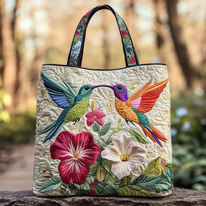 Bolso Acolchado — Colibrí y Flores Blancas