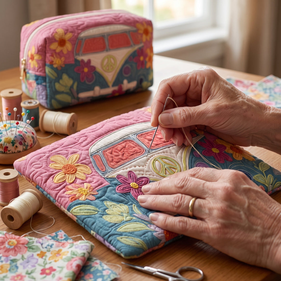 Neceser Acolchado — Viaje Floral Retro: primer plano del acolchado a mano