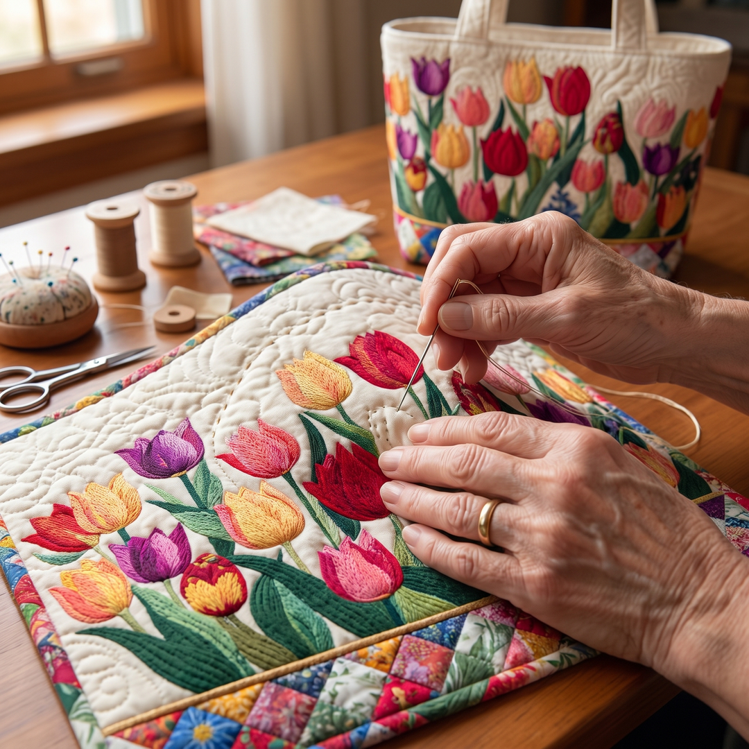 Bolso Tote Acolchado — Jardín de Tulipanes: primer plano del acolchado a mano