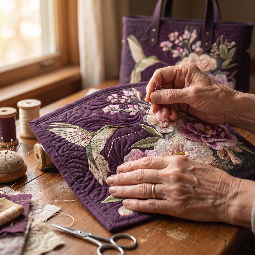 Bolso Artesanal Acolchado — Colibríes y Orquídeas: primer plano del acolchado a mano