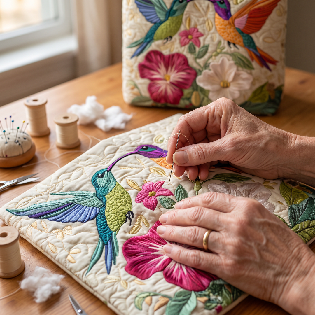 Bolso Acolchado — Colibrí y Flores Blancas: primer plano del acolchado a mano