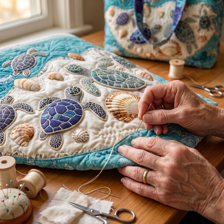 Bolso Artesanal — Amor de Tortugas: primer plano del acolchado a mano