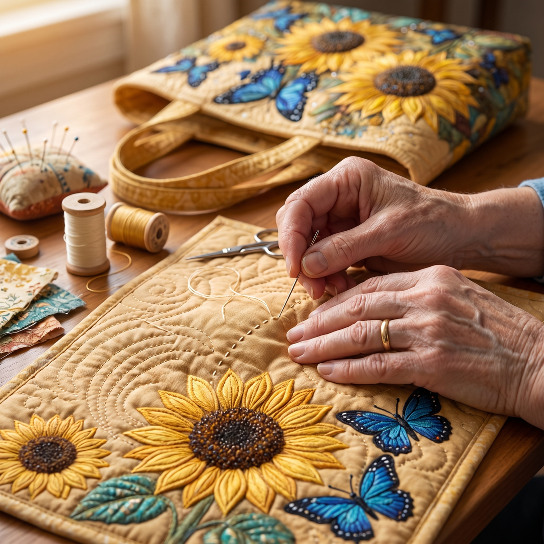 Bolso Artesanal — Girasoles y Mariposas Azules: primer plano del acolchado a mano