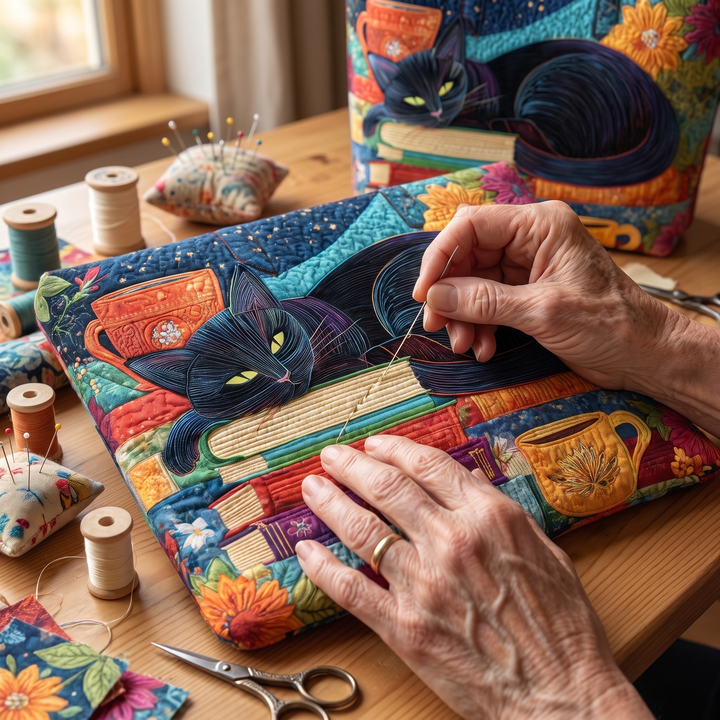 Bolso Artesanal — Gato Negro con Libros y Tazas: primer plano del acolchado a mano