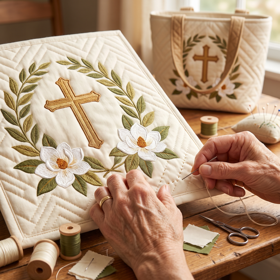 Bolso Artesanal — Cruz Sagrada: primer plano del acolchado a mano
