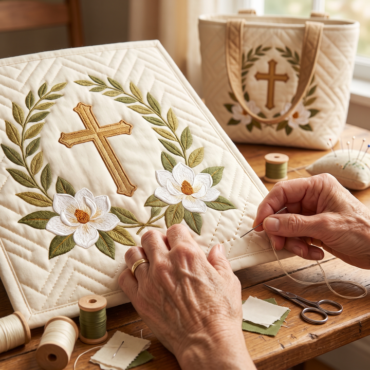 Bolso Artesanal — Cruz Sagrada: primer plano del acolchado a mano