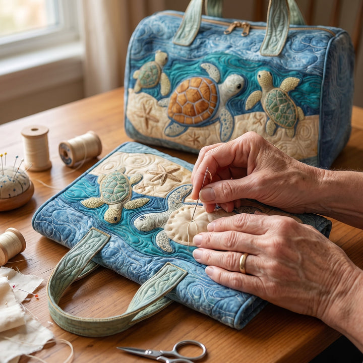 Bolso de Viaje Acolchado — Tortuguita Adorable: primer plano del acolchado a mano