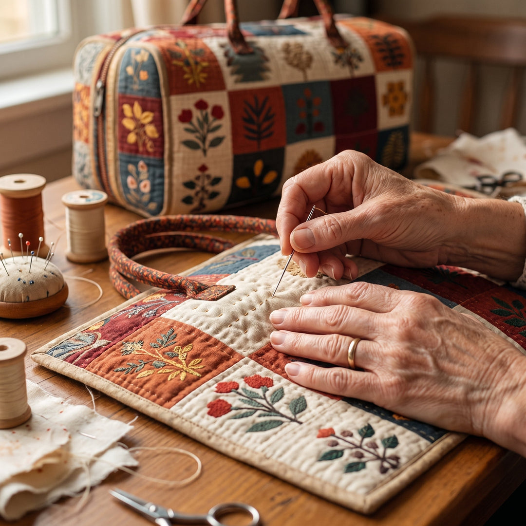 Bolso de Viaje Acolchado — Serenata de Pétalos: primer plano del acolchado a mano